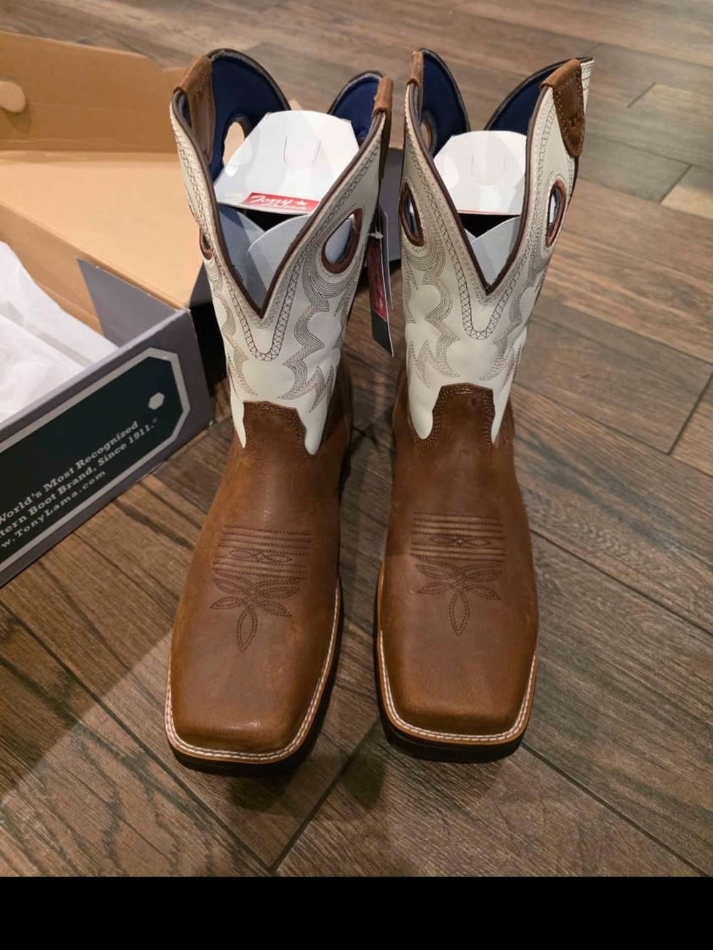 Men's Western Square-Toe Tony Lama Work Boots in Brown and White